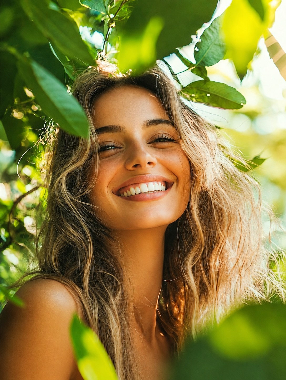 אישה מחייכת חיוך בריא ולבן בין עלים ירוקים באור טבעי